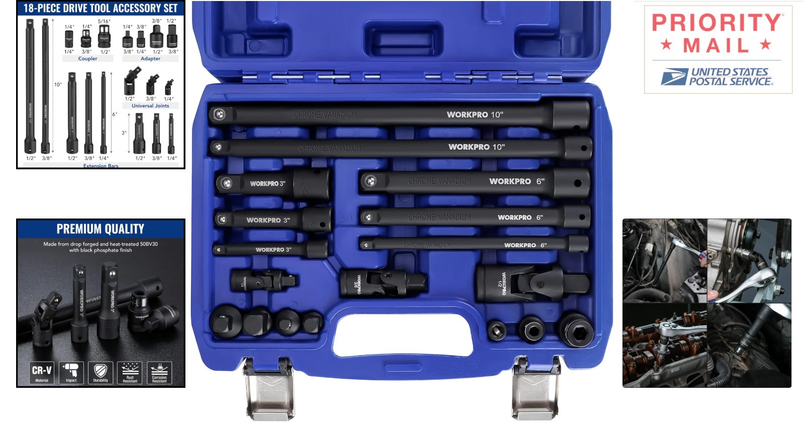 18-Piece Impact Socket Extension Set Chrome Vanadium Steel Durable Storage Case