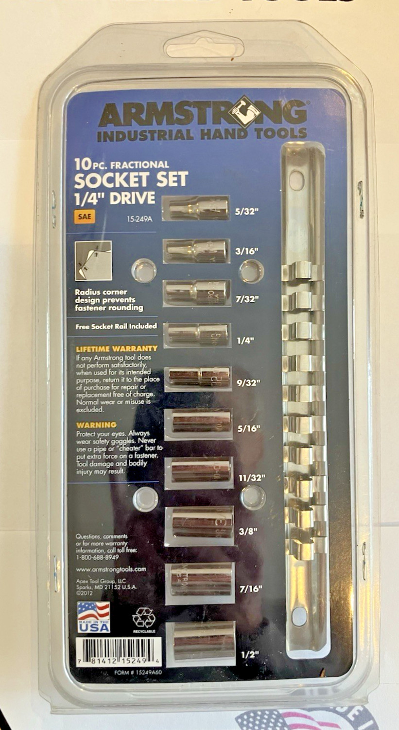 Armstrong USA MADE #15-249A 10pc SAE 1/4” Drive Socket Set W Rail + BONUS