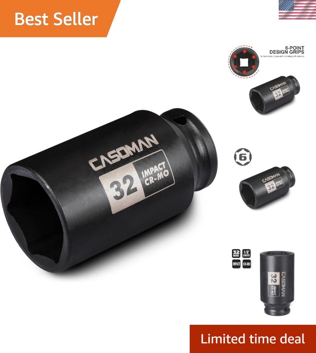 Durable 1/2 Inch Drive 32 mm Deep Socket – ANSI Certified with Laser Etched Size