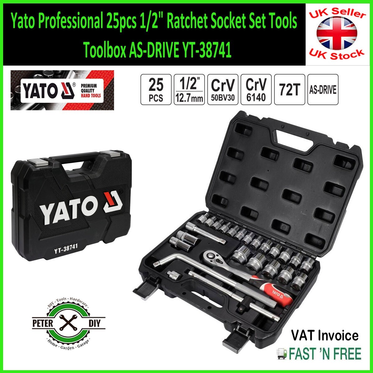 Yato Professional 25pcs 1/2″ Ratchet Socket Set Tools Toolbox AS-DRIVE YT-38741