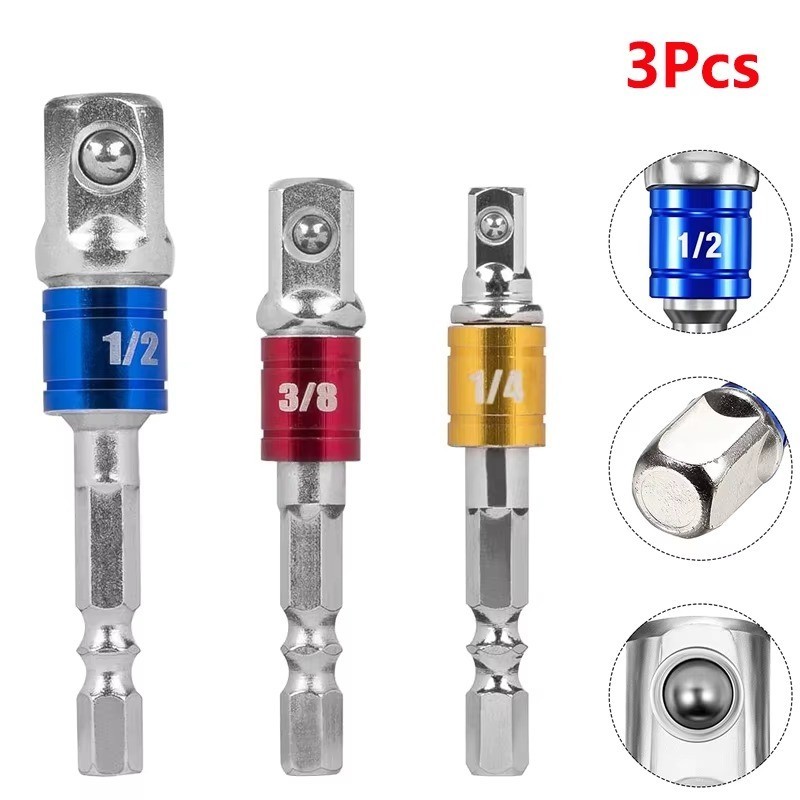3PC 1/4″ HEX SHANK DRILL BIT TO 1/4 1/2 3/8 INCH SQUARE DRIVE SOCKET ADAPTOR SET