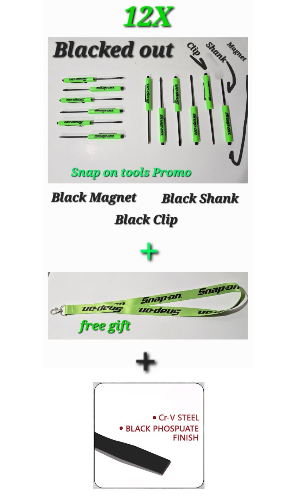 12 Snap on tools Special Edition pocket screwdrivers GREEN Promo BLACKED OUT+gft