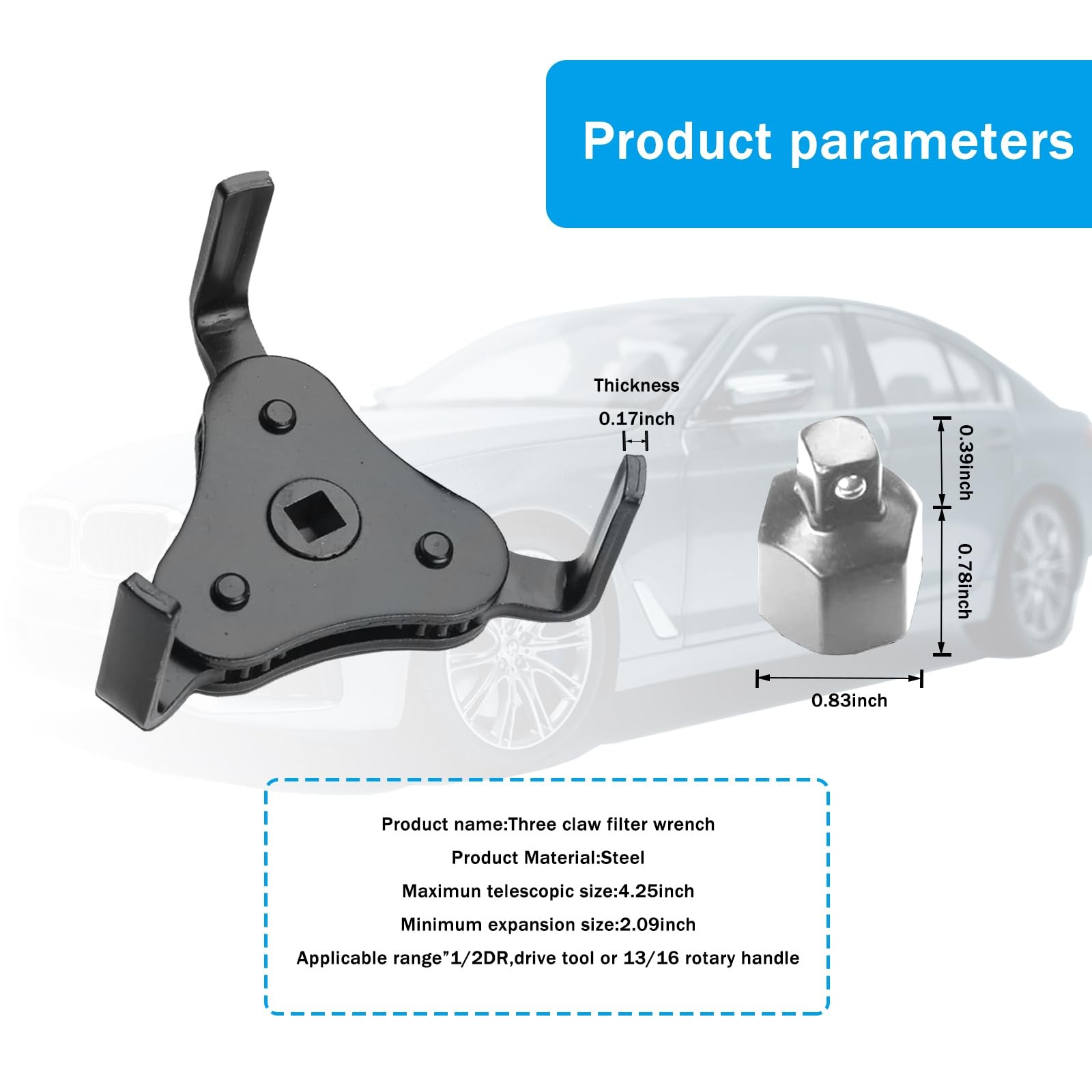 1 PCS 3Jaw Car Oil Filter Wrench 1/2 Inch Drive Heavy Duty Adjustable