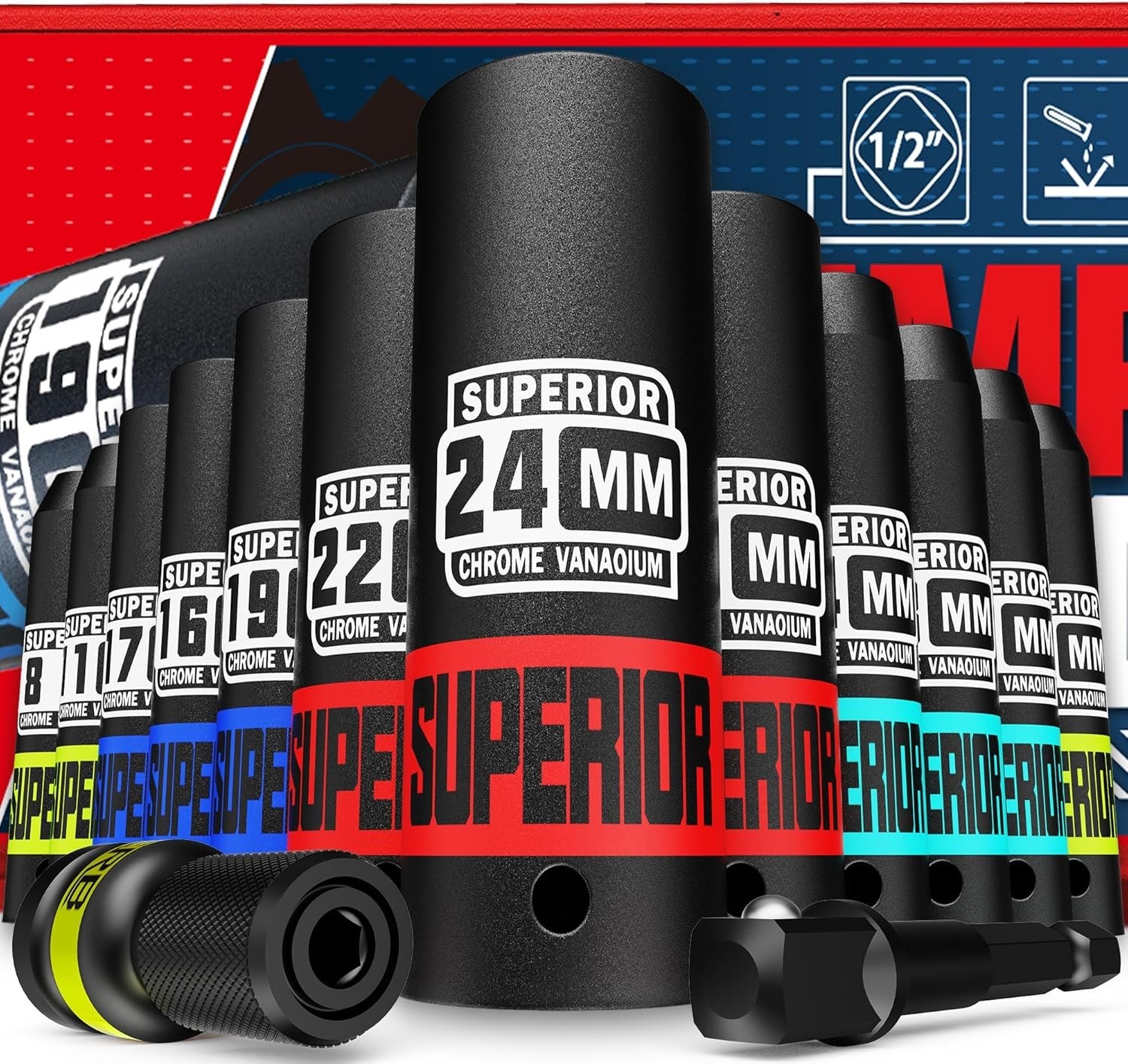 14 Piece 1/2″ Drive Impact Socket Set, 8 mm – 22 mm Deep Socket, Metric Socke…