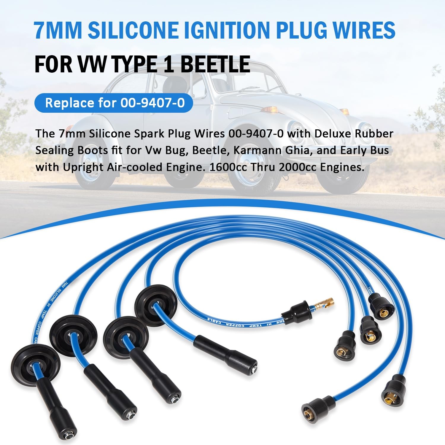 Blue 7mm Silicone Ignition Plug Wires for Type 1, Compatible with Dune Buggy