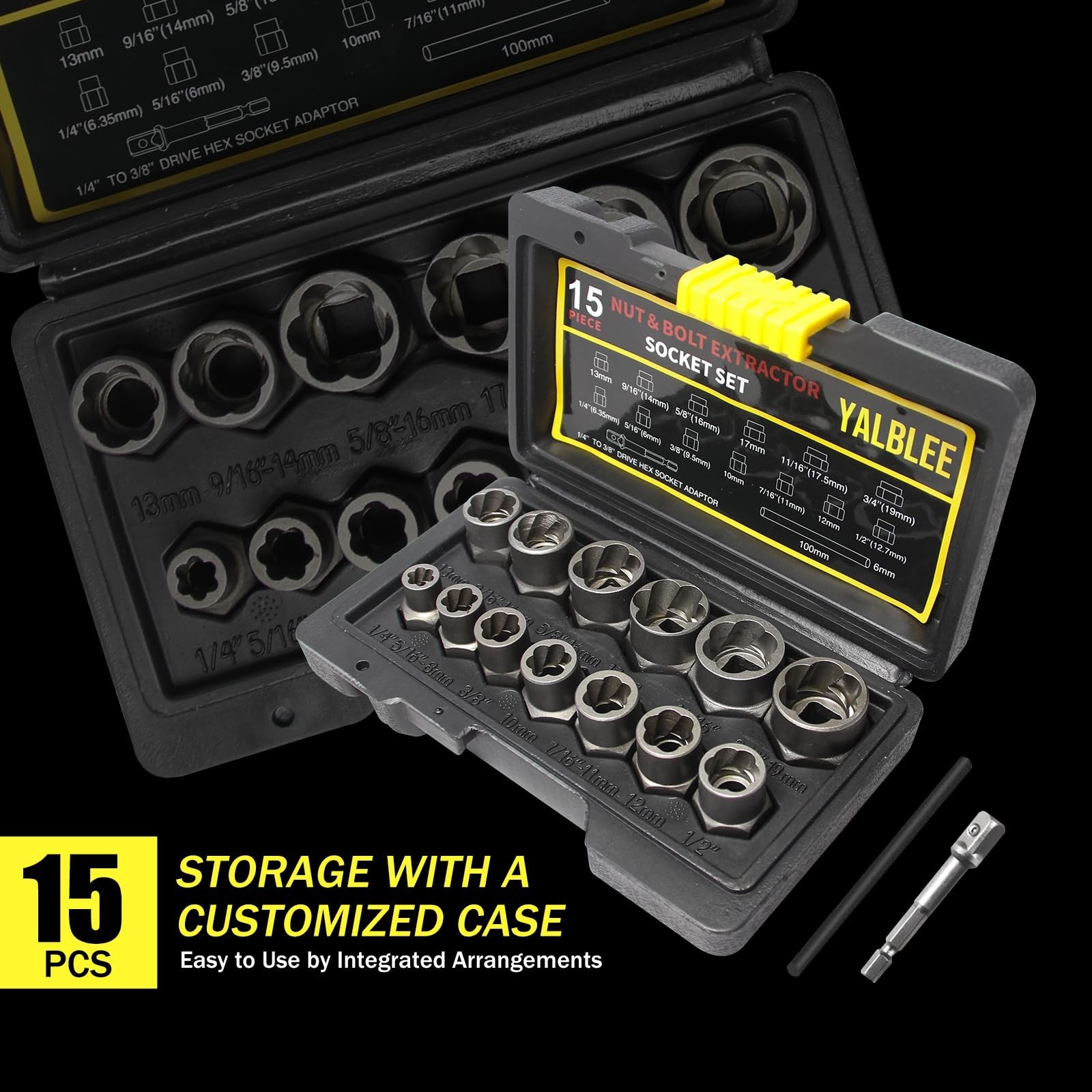 15Pcs Heavy-Duty Bolt Extractor Socket Set, 3/8″ Drive Nut Remover Tool, Rusted