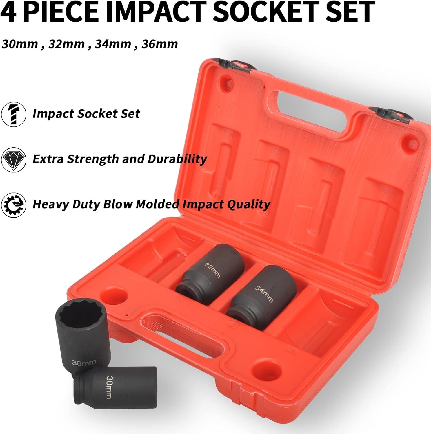 12 Point 4pc 1/2″ Drive Deep Spindle Axle Nut Socket Set 30mm 32mm 34mm 36mm