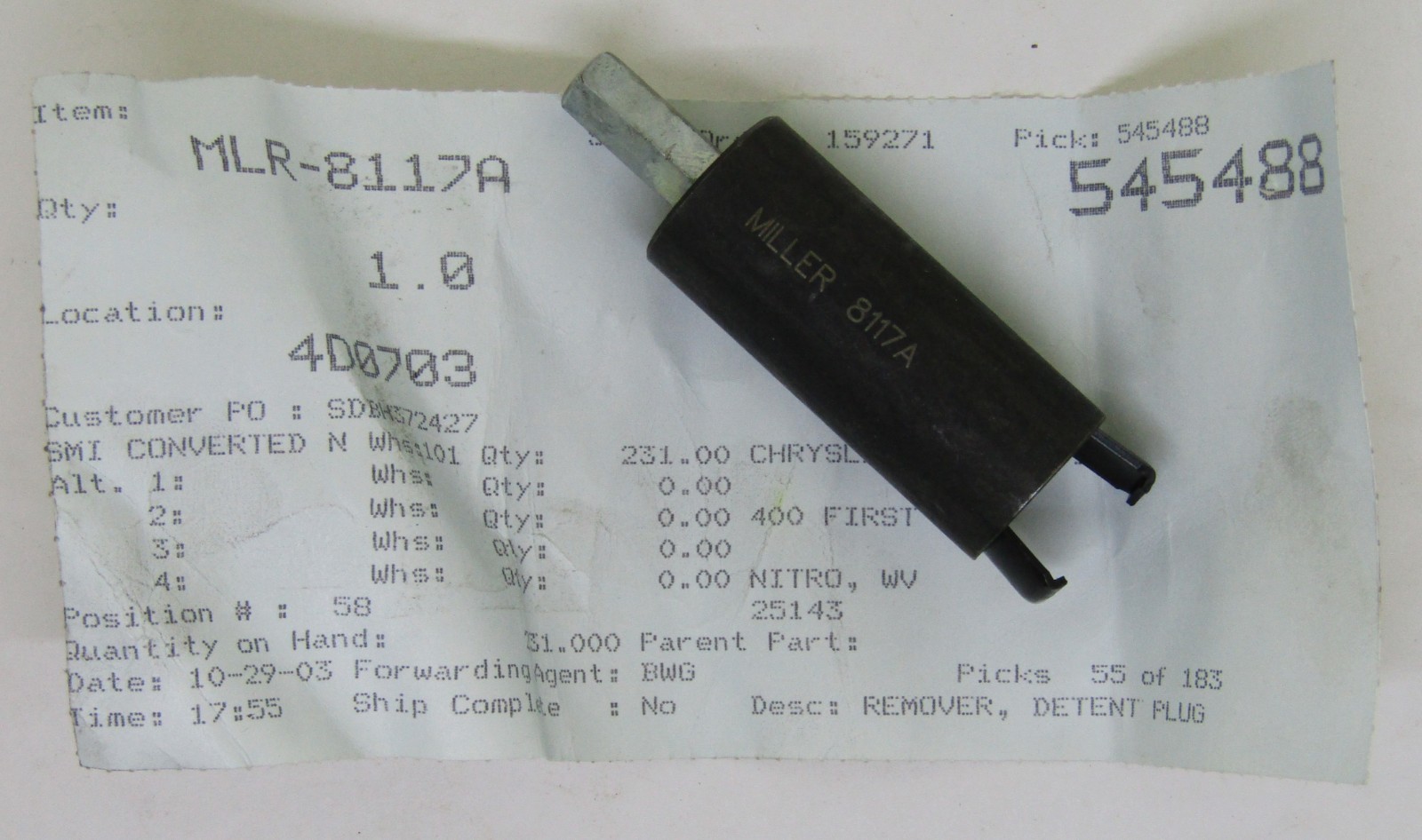 New Miller Tool Automotive Detent Plug Remover Part No. MLR-8117A