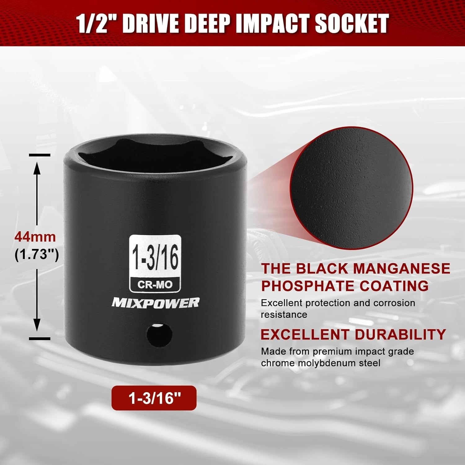 1/2″ Drive Shallow Impact Socket, CR-MO, 1-3/16″, 6 Point, Radius Corner Desi…