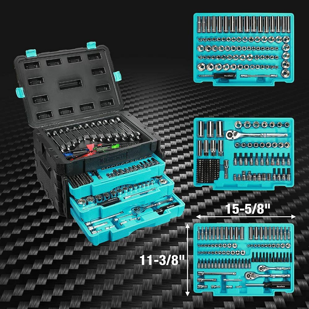 DURATECH 497 Piece Mechanics Tool Set Socket Wrenches SAE Metric W/3 Drawer Case