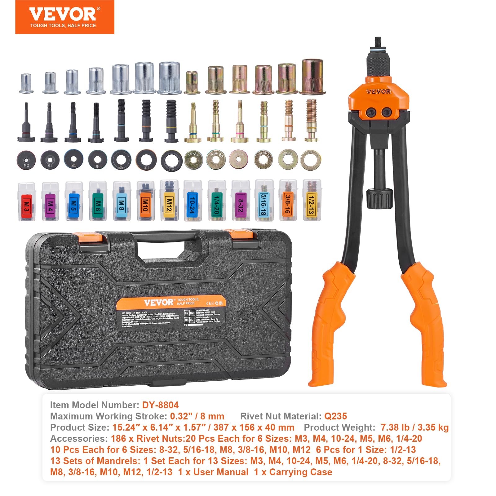 VEVOR 16″ Rivet Nut Tool, Labor-Saving Rivnut Tool Kit 16″, Orange & Black