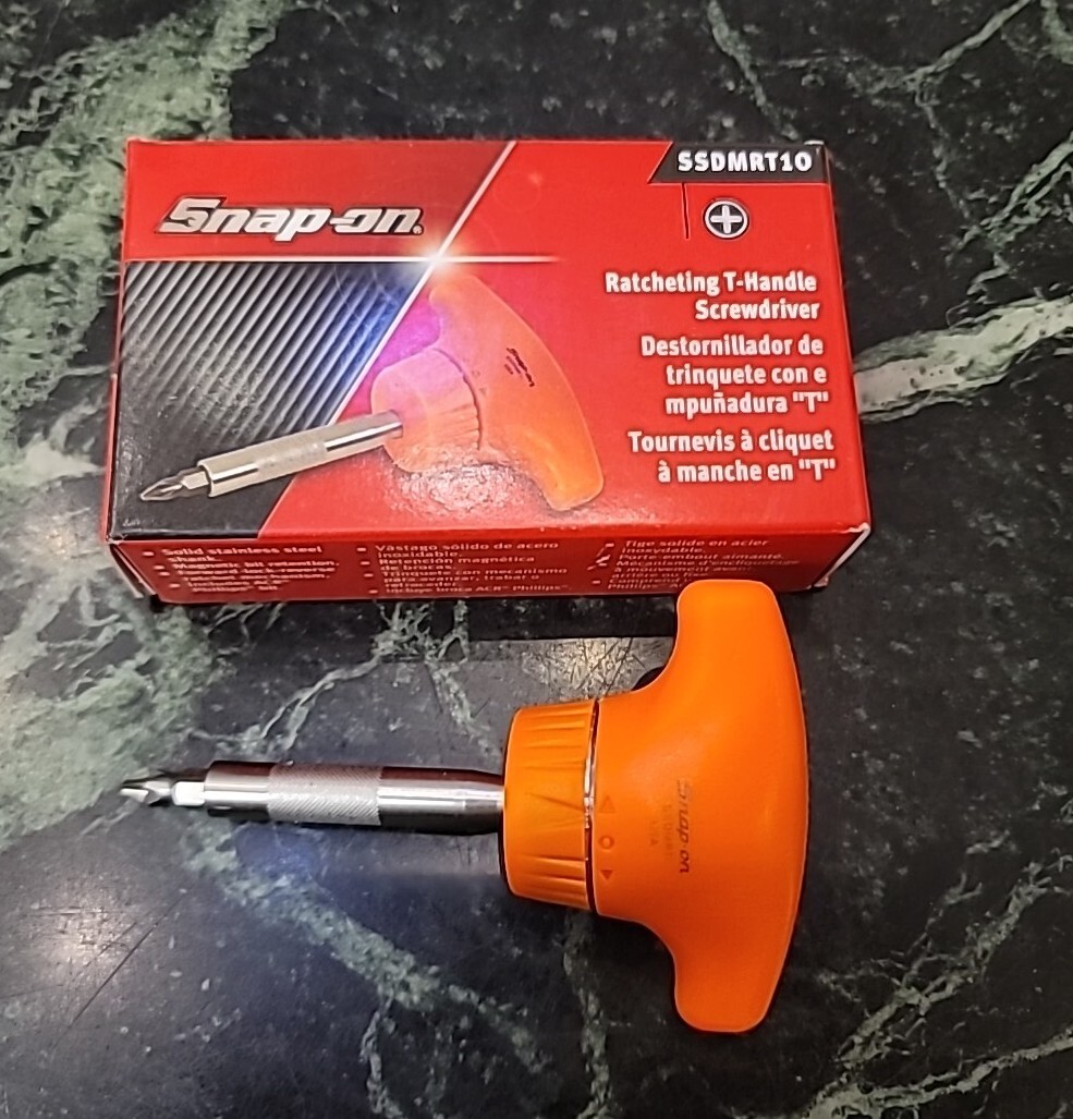 NEW Snap-on T-HANDLE Ratcheting Screwdriver SHORT STUBBY SSDMRT1R ORANGE