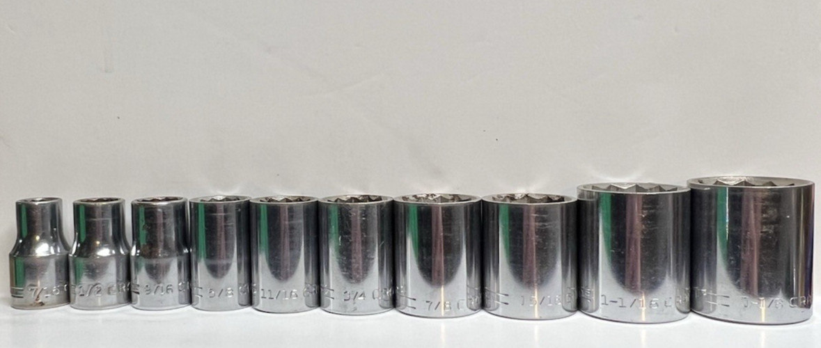 Craftsman Lot Of 10 Shallow Sockets 1/2” Drive 12pt, 7/16″ to 1-1/8″ =V= USA