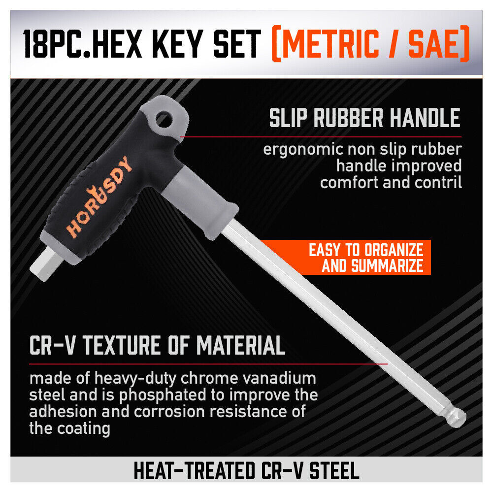18PC T-Handle Allen Wrench Set Long Arm Ball End Hex Key 1.5-10MM & 1/16″-3/8″