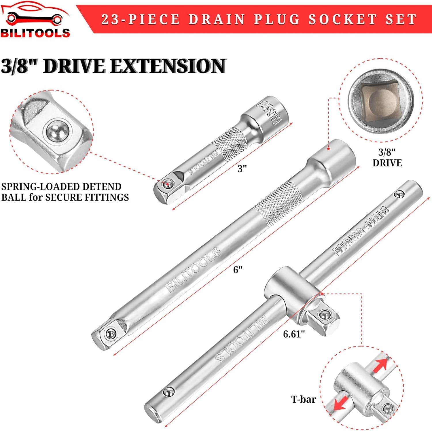 23-Piece Drain Plug Socket Set – Chrome Vanadium Steel with T-Bar Extensions