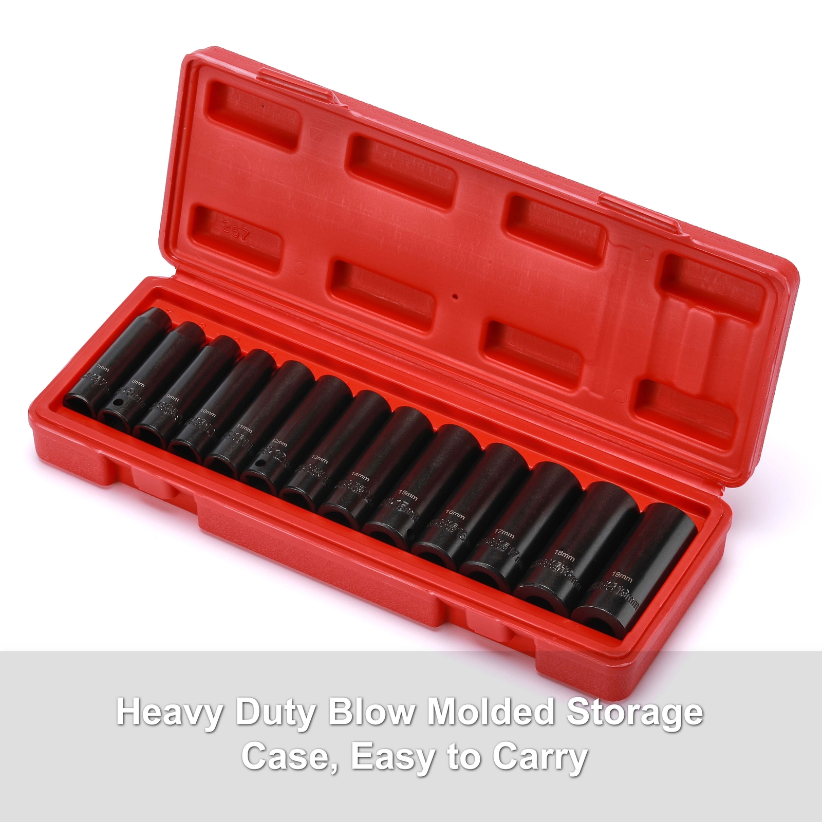 13 PCS 3/8 Inch Drive Impact Socket Set 6-Point, Metric, Deep, CR-V, 7mm to 19mm