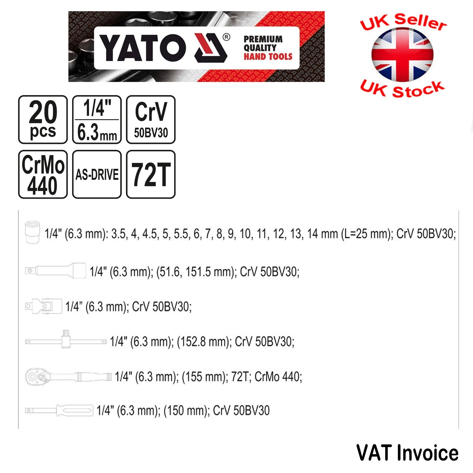 Yato Professional 20 pcs Ratchet Socket Set 1/4″ Tools Toolbox YT-14491