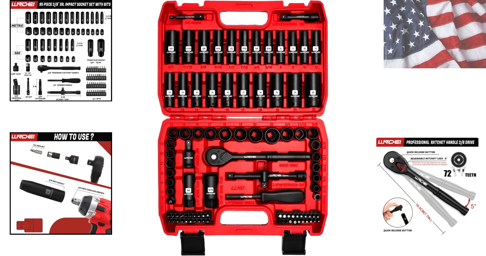 3/8”Drive Impact Socket Set,Standard SAE5/16 to 3/4-Inch Metric Size8-22mm, 9…