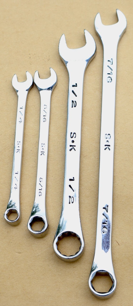 (4) S-K Tools (USA) Combination Wrenches / 7/16 – 1/2 – 5/16 – 1/4 – SAE / MTT