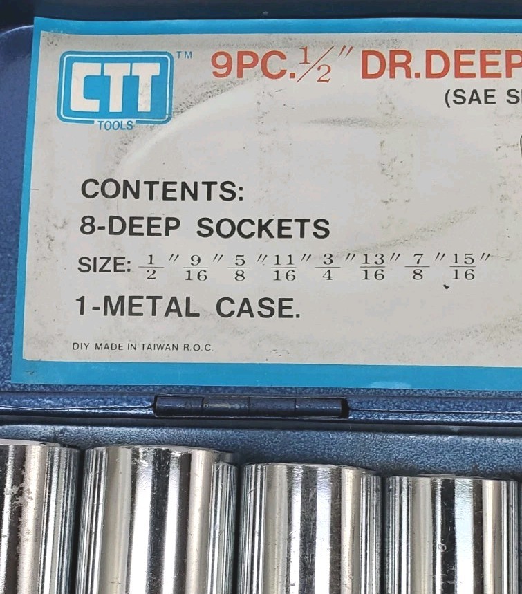 VTG CTT Tools 8 Piece Deep Socket Set Taiwan 1/2” Drive 15/16″ – 1/2″ With Case