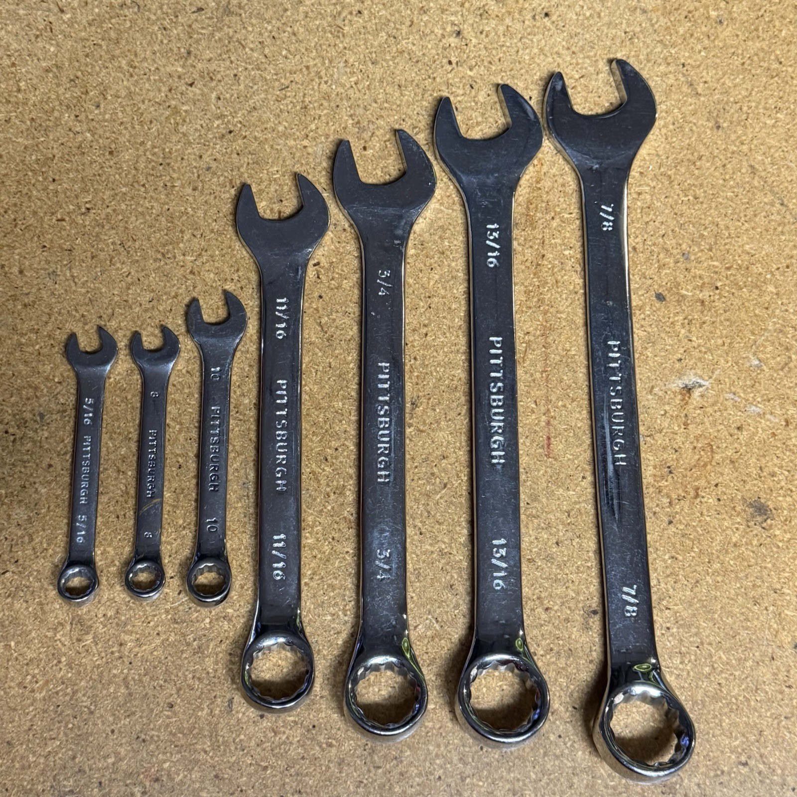 Pittsburgh Combination Open/Box End Chrome Wrenches SAE (5) and Metric (2) Lot