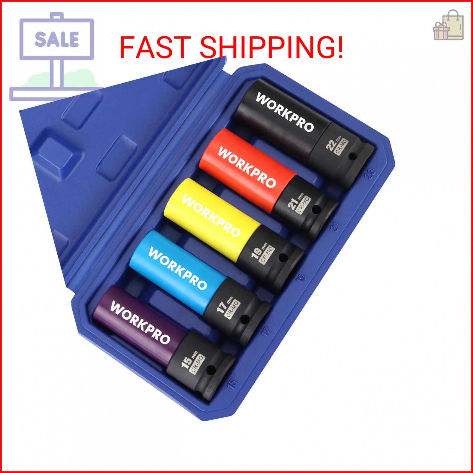 WORKPRO 1/2″ Drive Lug Nut Socket Set, 5 Pieces 15 17 19 21 22 MM Non-Marring Lu