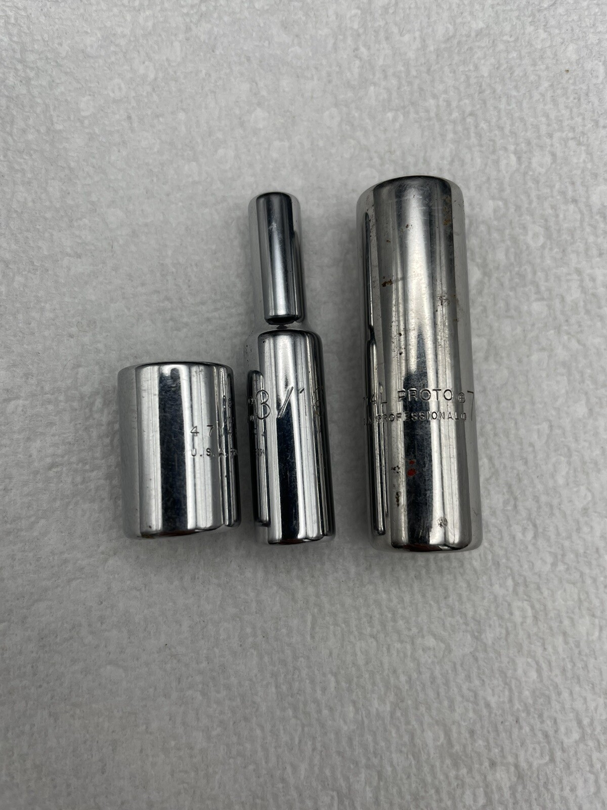 Lot Of 3 Proto1/4″ Drive 6 Point Chrome Socket SAE USA 7/16, 3/16, 7/16 Deep.