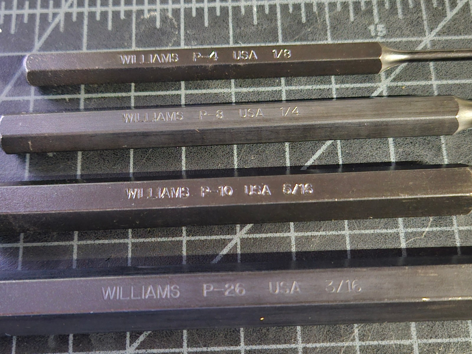 Williams Tools 4 PC Piece Pin Punch Set Lot P4, P8, P10, P26, USA NEW!