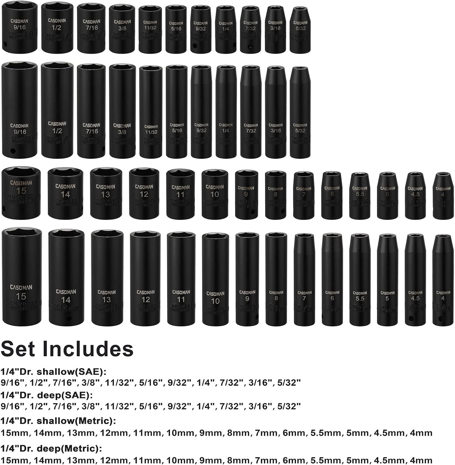 1/4 Inch Drive Master Impact Socket Set, 50-Piece, 6-Point, Sae/Metric, 5/32 Inc