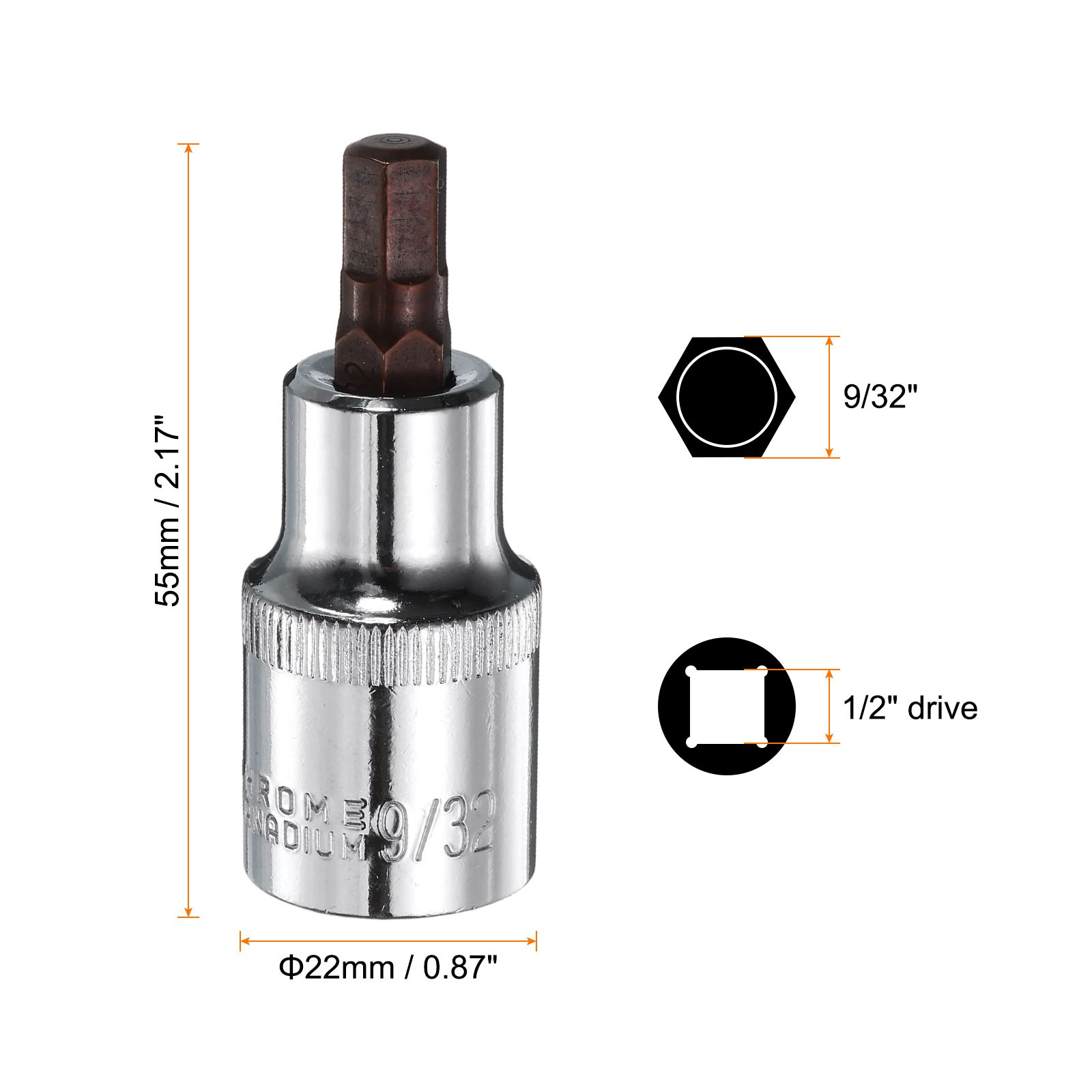 9/32″ Steel Hex Bit Socket 1/2″ Square Drive SAE Extension Impact Bit