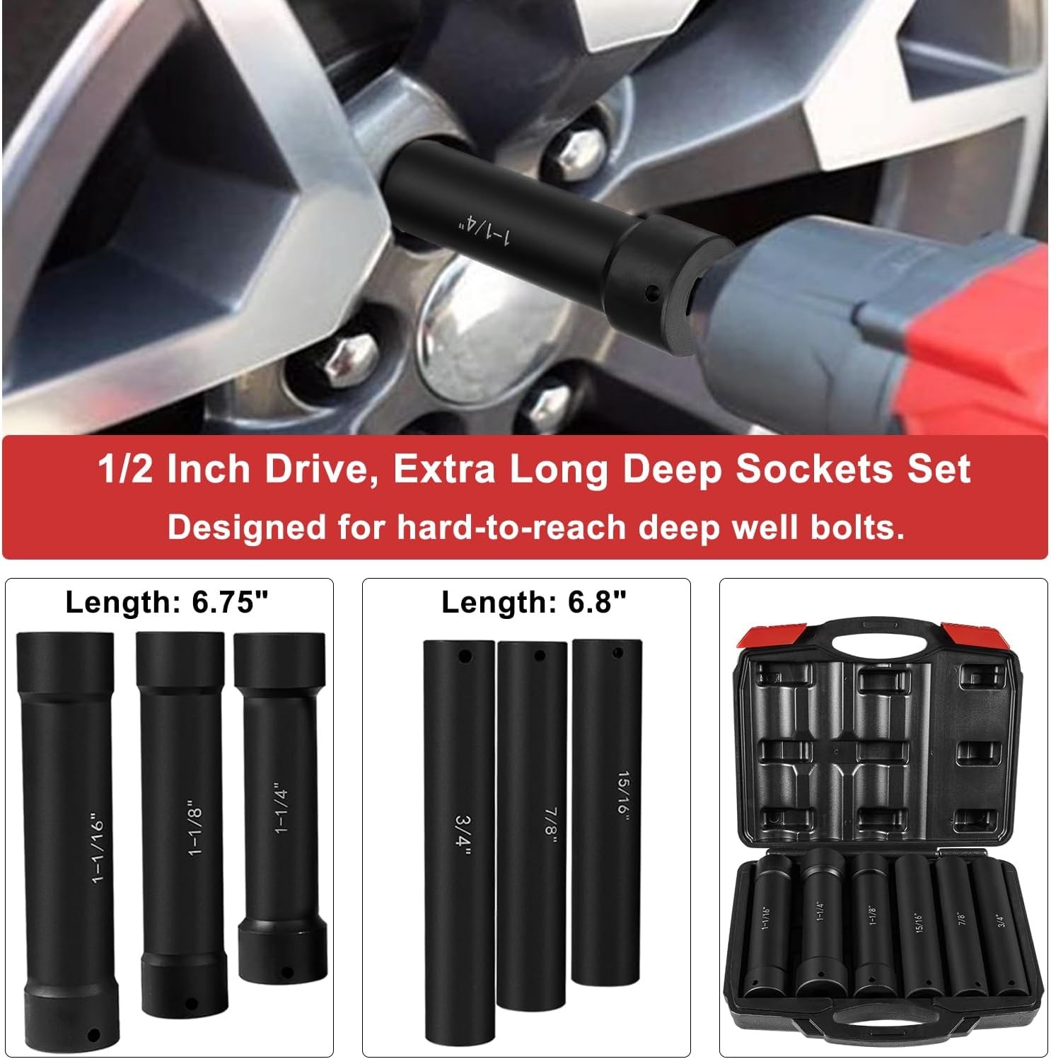 1/2» Drive Heavy Duty Extended Length Impact Socket Set With Case (6PCS)