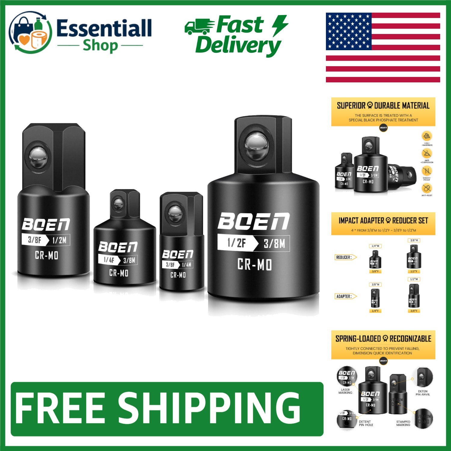 Durable 4-Piece SAE Impact Socket Adapter Set with Corrosion-Resistant Finish