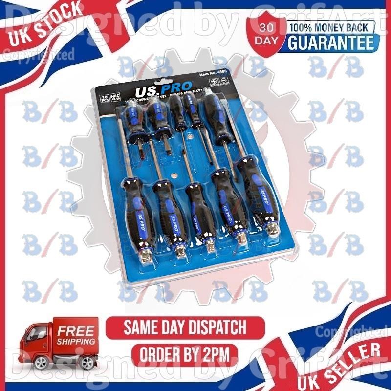 US PRO 10PC MAGNETIC GO THROUGH SCREWDRIVER SET FLAT HEAD PHILIPS SCREWDRIVERS