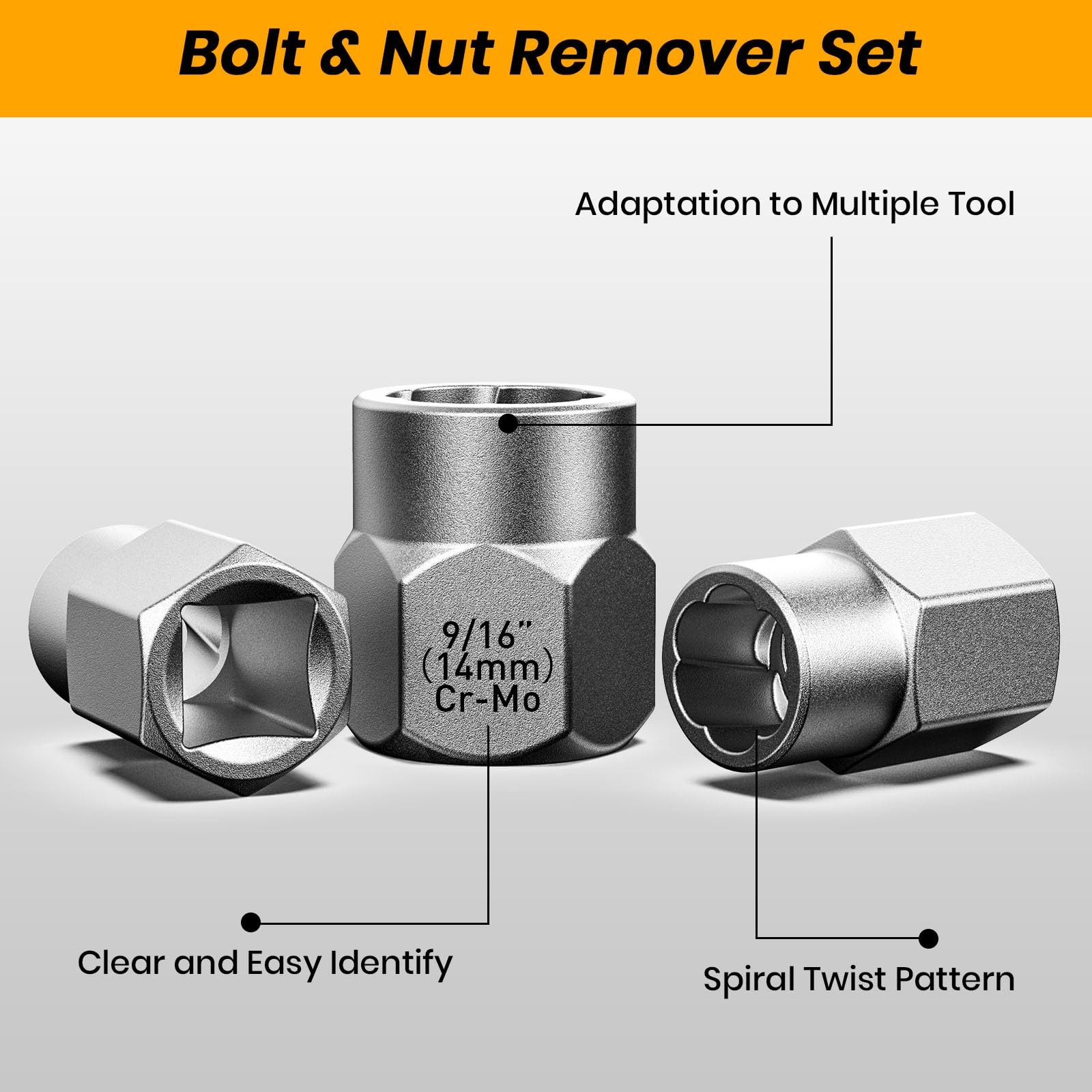 Impact Bolt & Nut Remover Set,14 Pieces Extractor Tool Set, 3/8″ Drive…