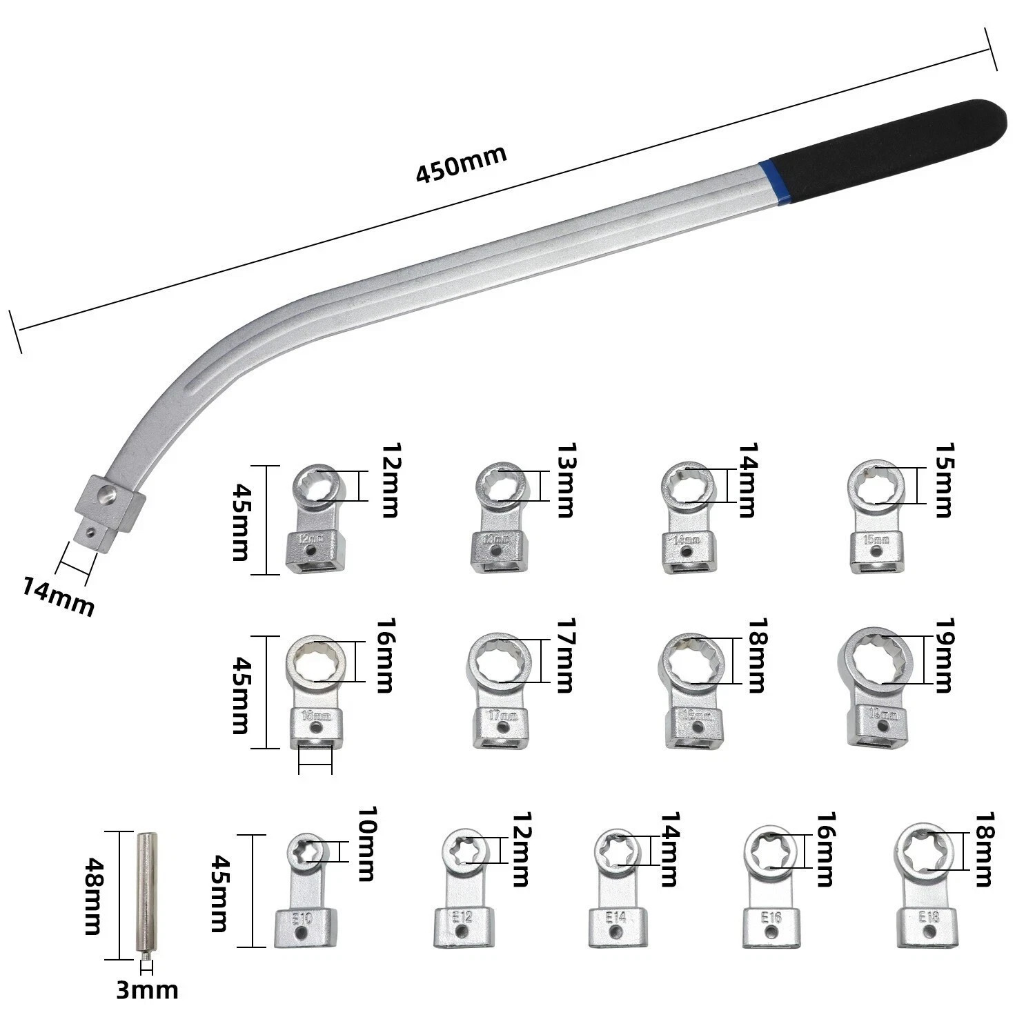 15pcs Car Auxiliary Belt Tensioner Pulley Wrench Set 12-19mm Screw Removal Tool