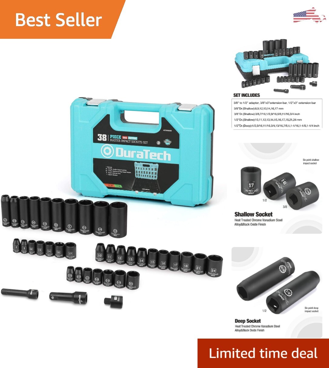 Professional 38-piece High-Quality Socket Set – Metric/SAE – Impact Adapter
