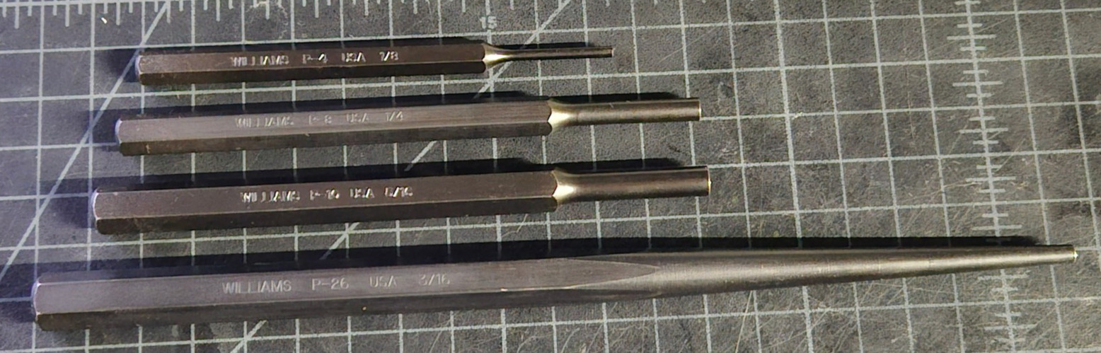 Williams Tools 4 PC Piece Pin Punch Set Lot P4, P8, P10, P26, USA NEW!