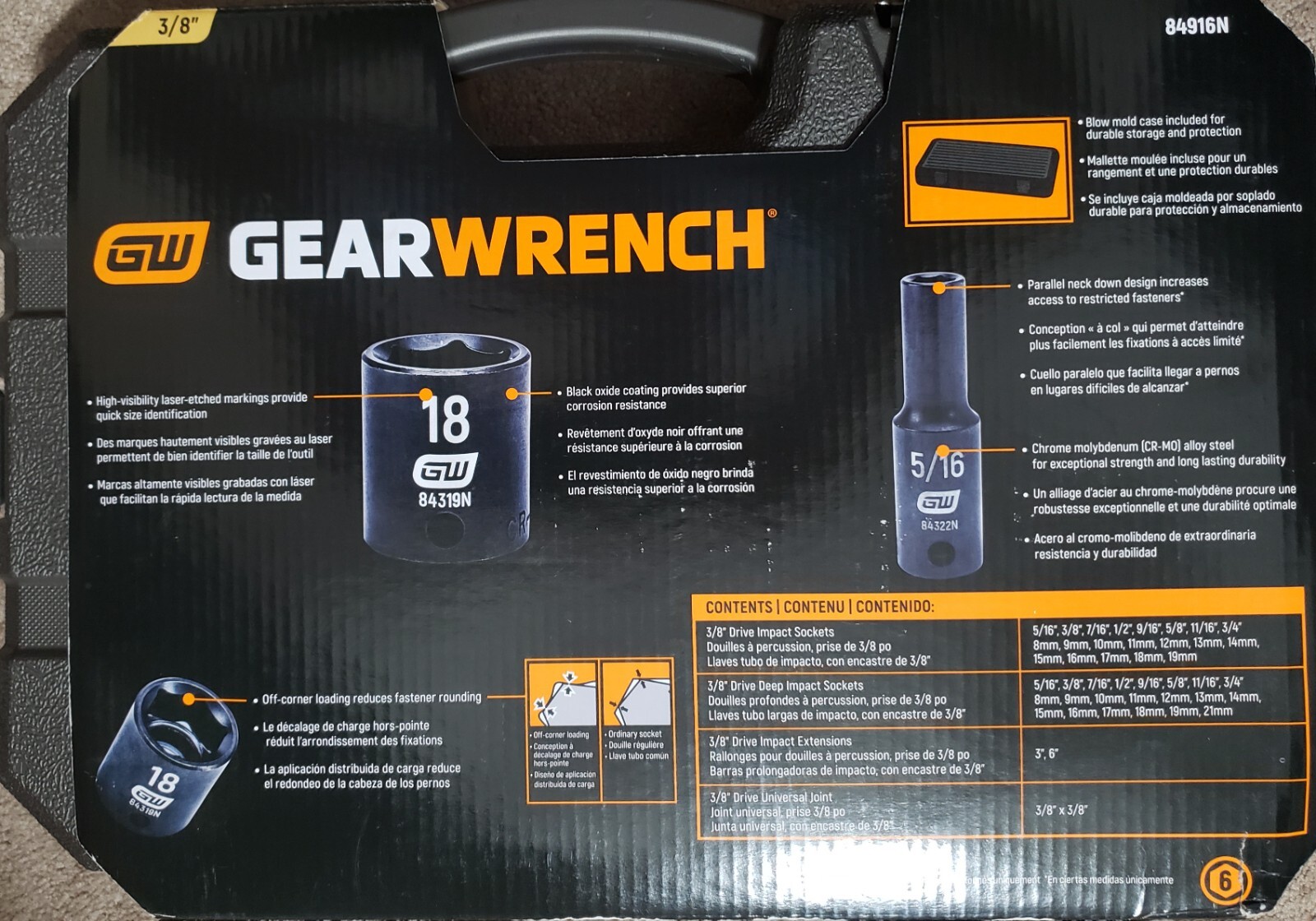 GearWrench 84916N 44 Pc. 3/8″ Dr 6 Point SAE/Metric Std & Deep Impact Set New!