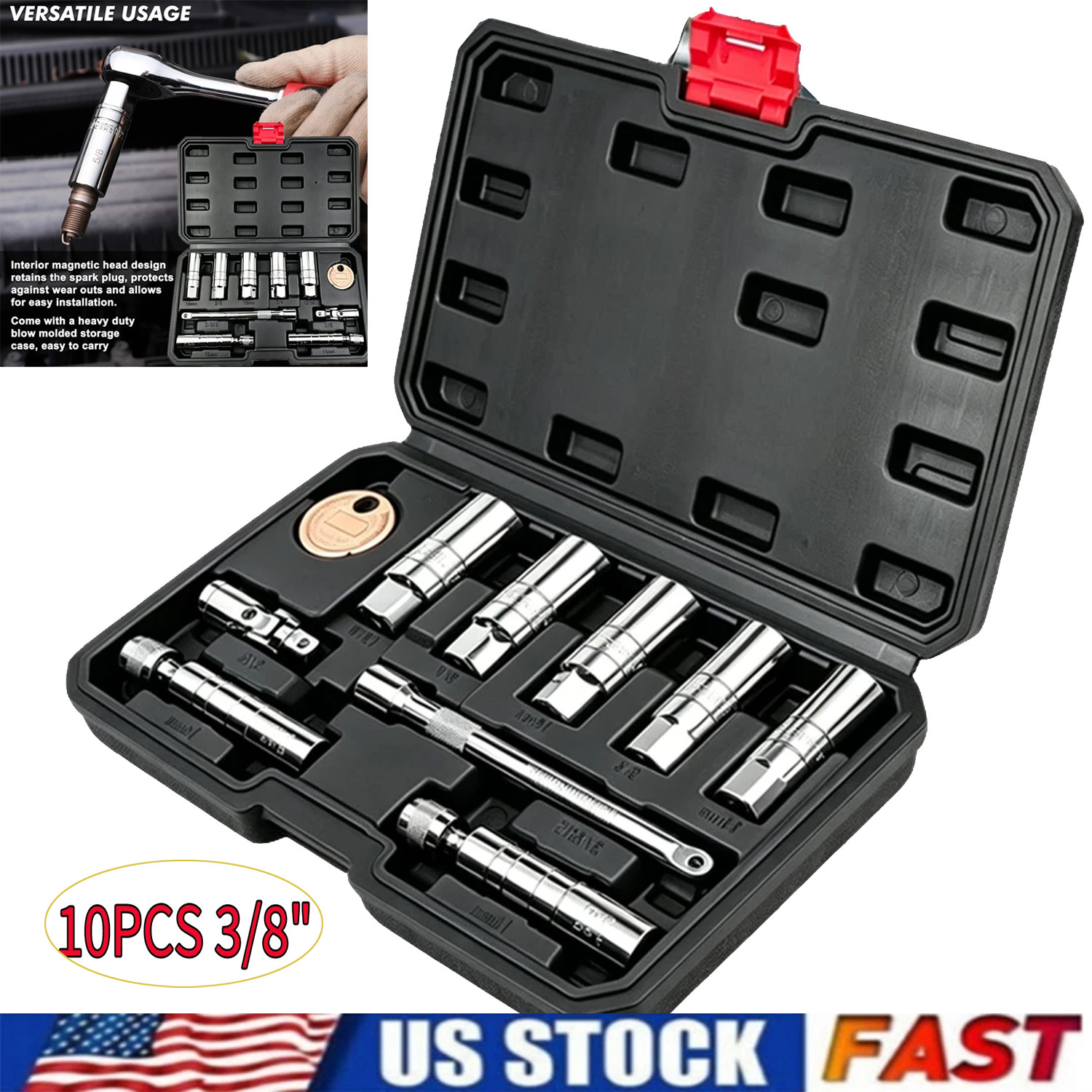 3/8″Drive Magnetic Spark Plug Socket Set 6PT&12PT Extension Bar CR-V Steel 10PCS