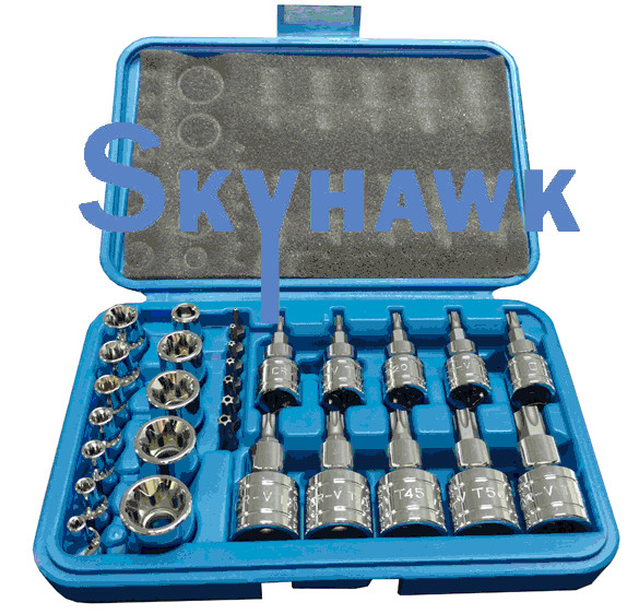 29-PC 1/4″ 3/8″ 1/2″ DR TORX female male Socket Bit Set tamper proof bits w/case