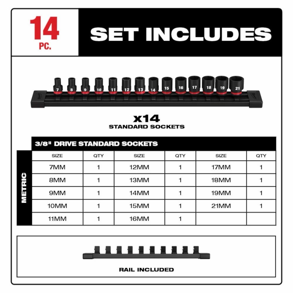 Milwaukee 49-66-7007 3/8″ Drive Metric Standard Impact Socket Set – 14 PC