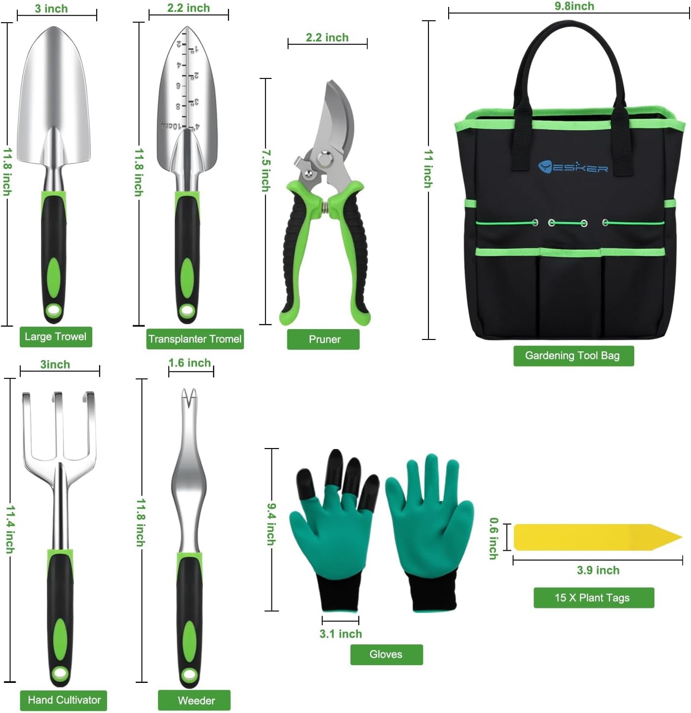 Gardening Tool Set 22-Piece Heavy Duty Hand Tool Kit Supplies Gifts Black Green
