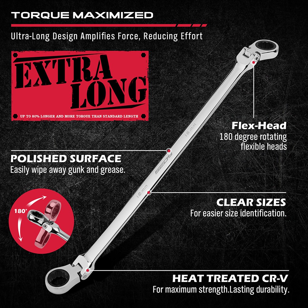 6PC Flex-Head Double Box End Ratcheting Wrenches Extra Long Metric Universal NEW