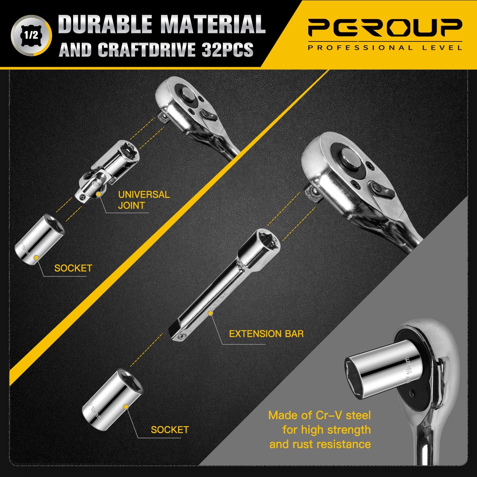 pgroup 32Pcs 1/2 inch Drive 8mm-32mm Metric socket set, with Ratchet Wrench