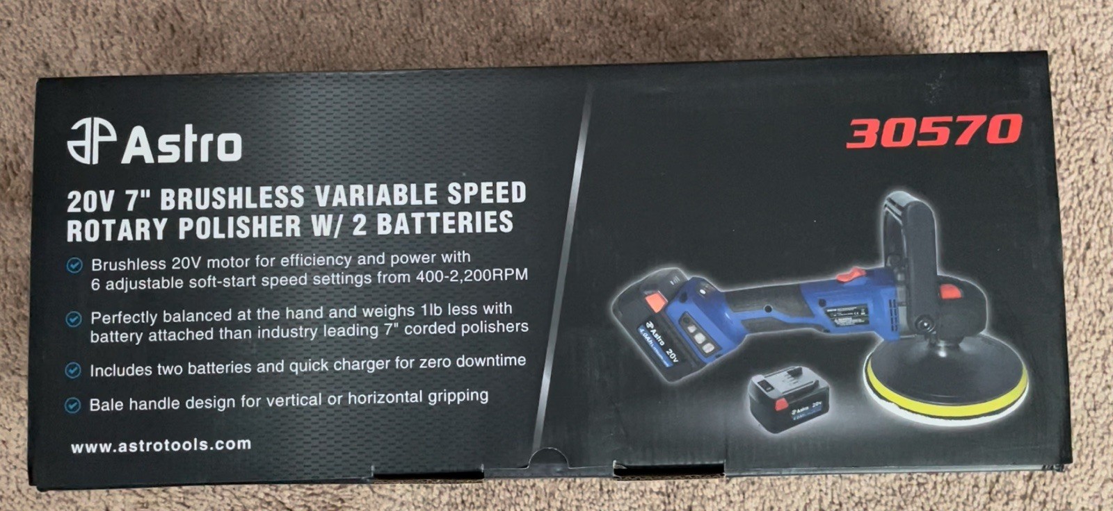 Astro Pneumatic Cordless 20V 7» Brushless Variable Speed Rotary Polisher 2x 4AH