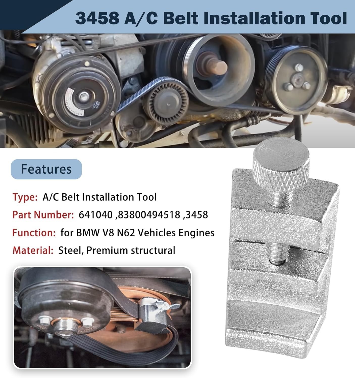3458 A/C Belt Installation Tool Compatible for BMW N62&Mini W17 A/C Belt 641040