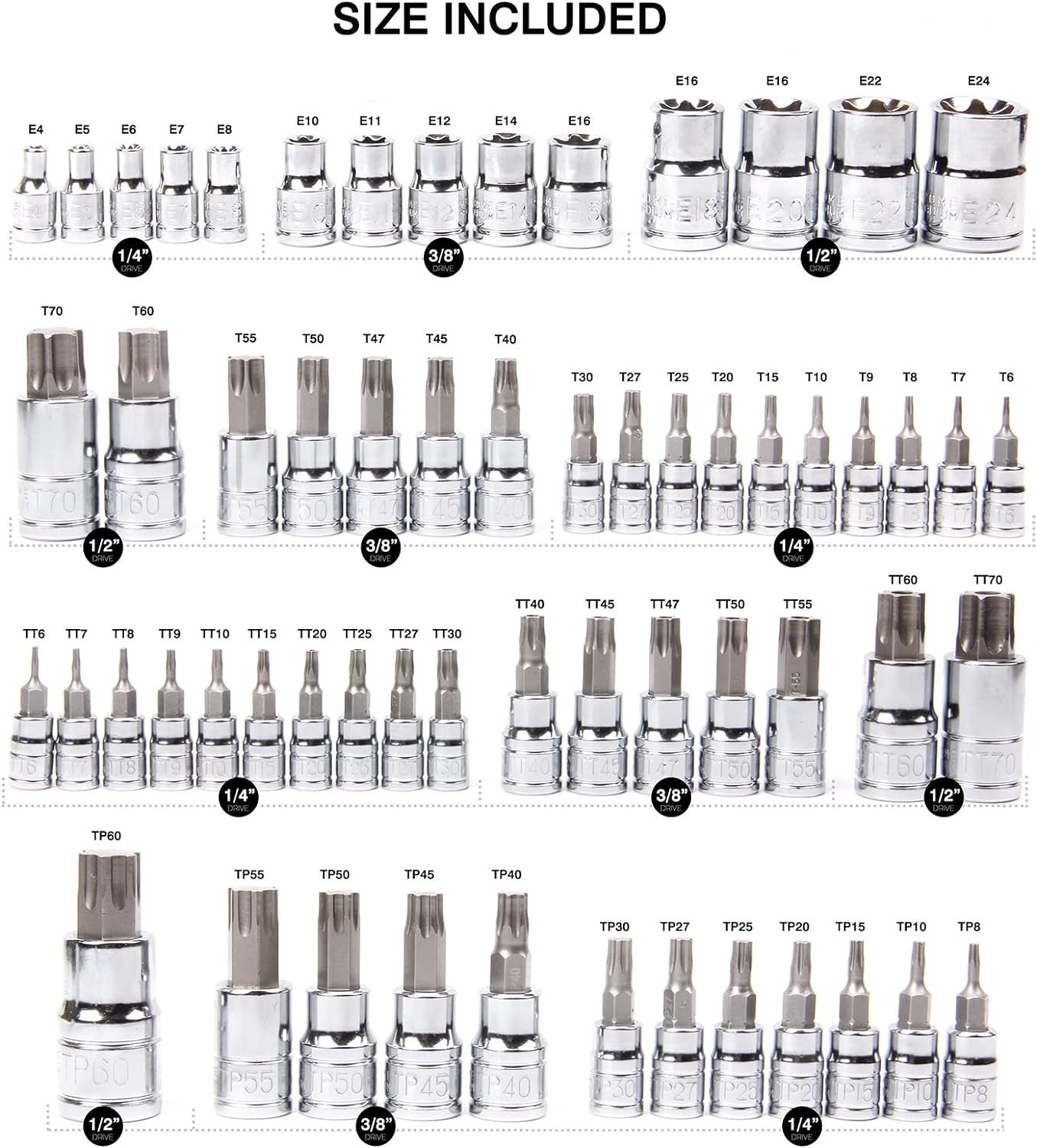 CASOMAN 35pc Master Star Torx Bit Socket and External Torx Socket Set CR-V Steel
