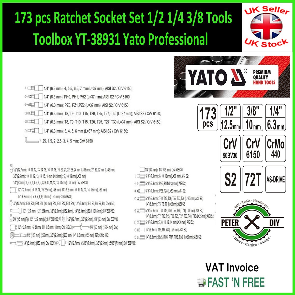 173 pcs Ratchet Socket Set 1/2 1/4 3/8 Tools Toolbox YT-38931 Yato Professional