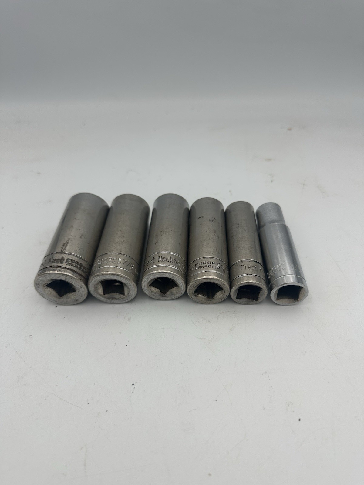 Great Neck Deep Socket Lot 1/2” Drive Sizes: 15/16, 7/8, 13/16, 3/4, 9/16, 1/2