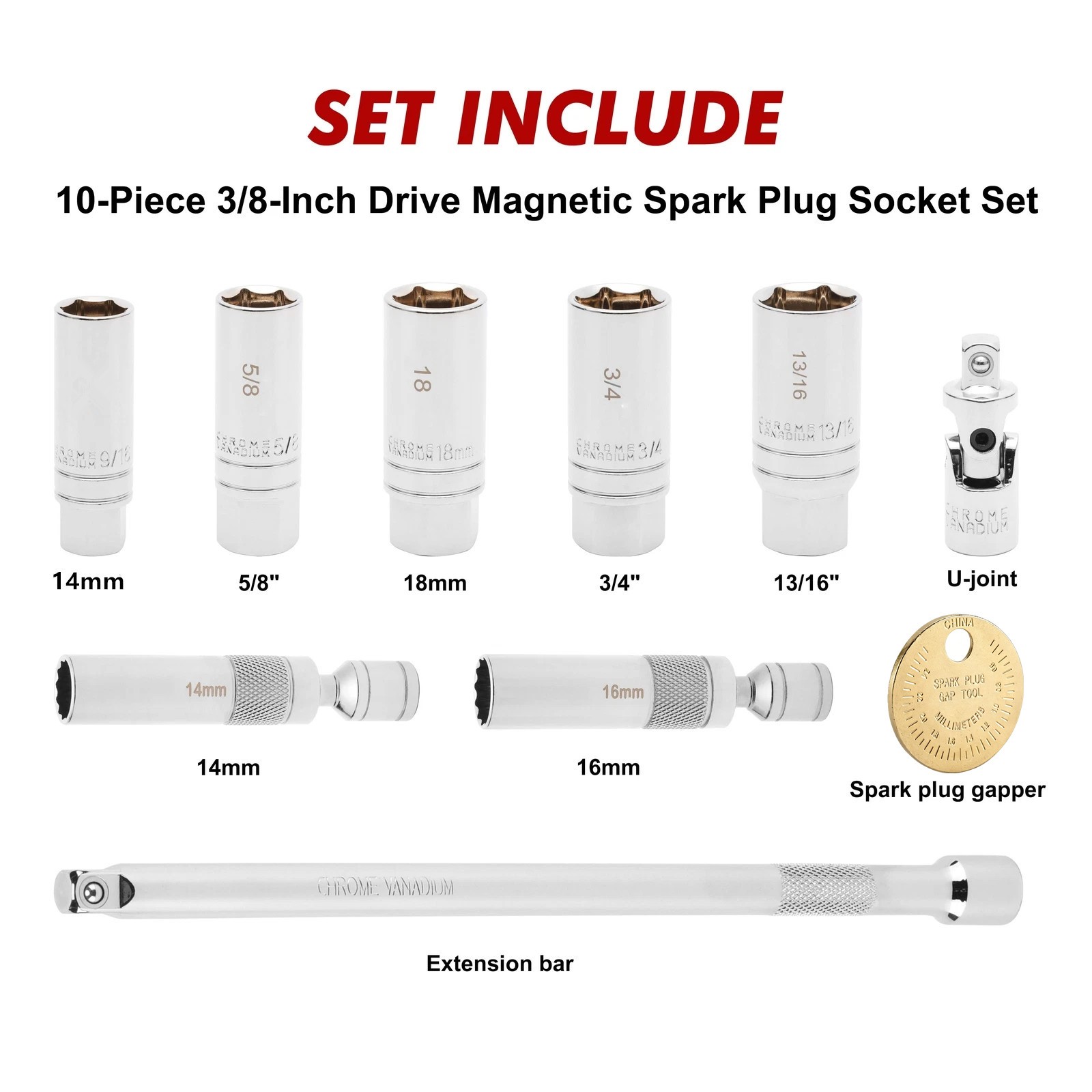 10PCS 3/8″Drive Magnetic Spark Plug Socket Set Include 3/4″5/8″/13/16″ 14MM 16MM